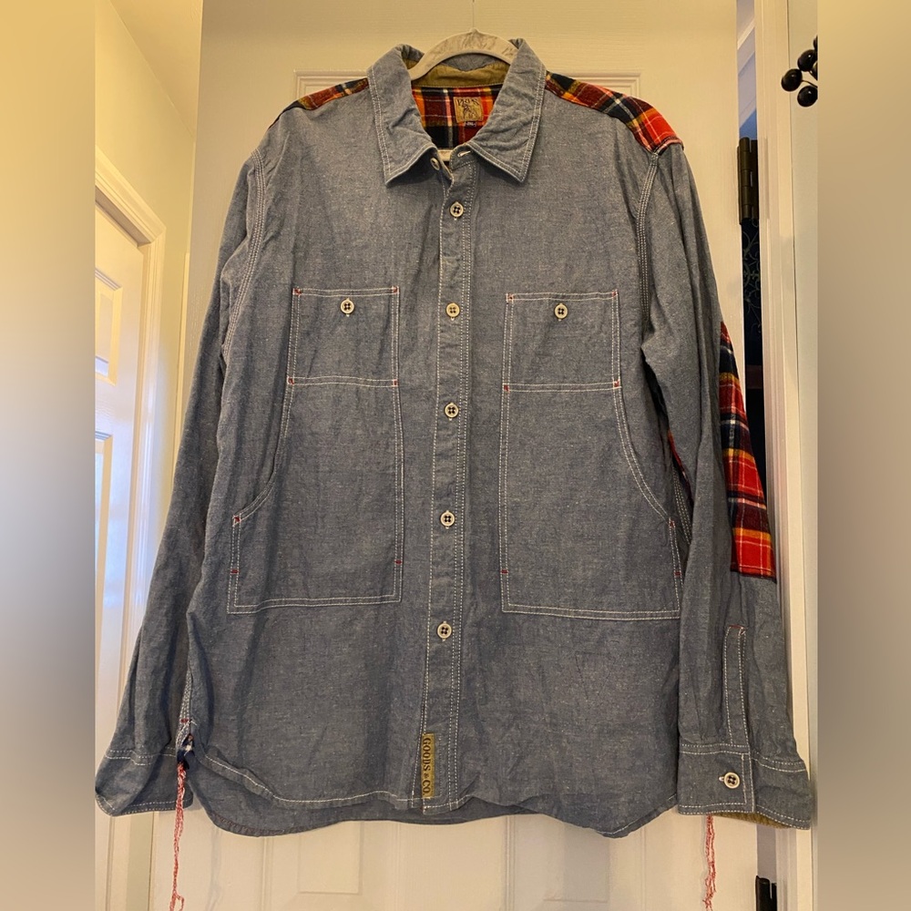 PRPS XXL Denim Chambray Button Shirt with Red Plaid Accents Streetwear Western